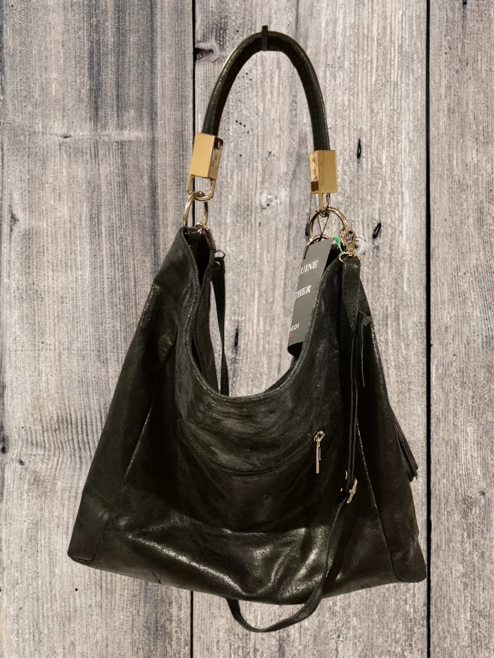 NWT L. Credi Large Black Leather Hobo Tote Bag with Gold Hardware Made In Italy
